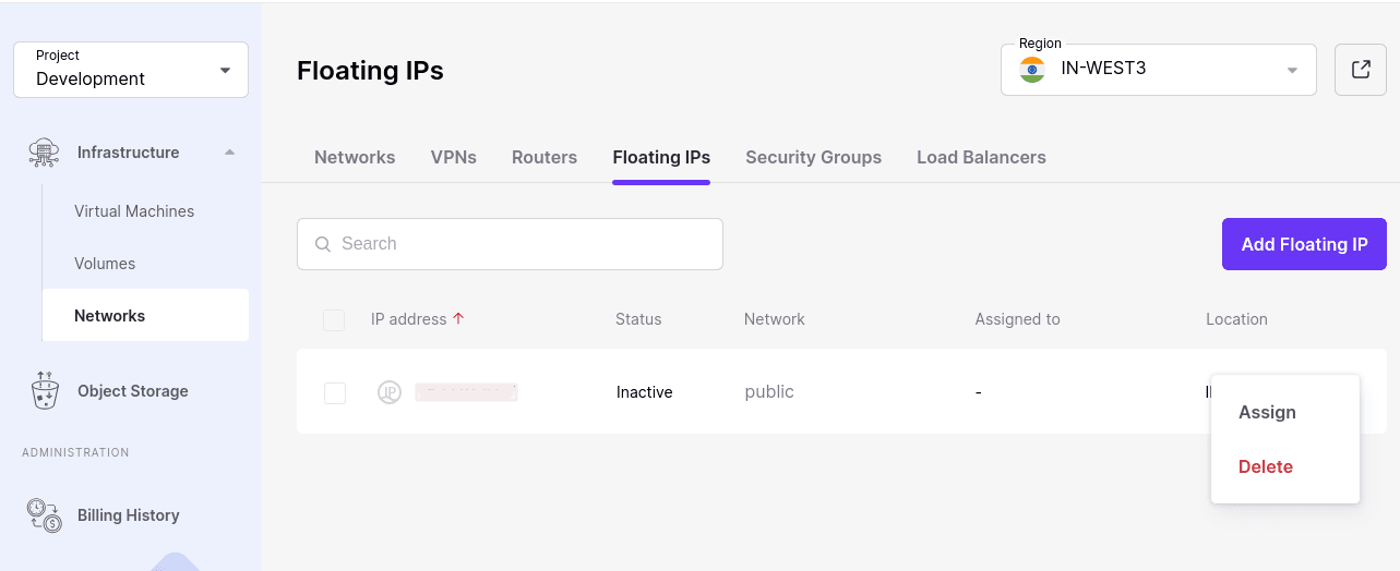 Managing floating IP addresses | CloudPe Knowledge Base