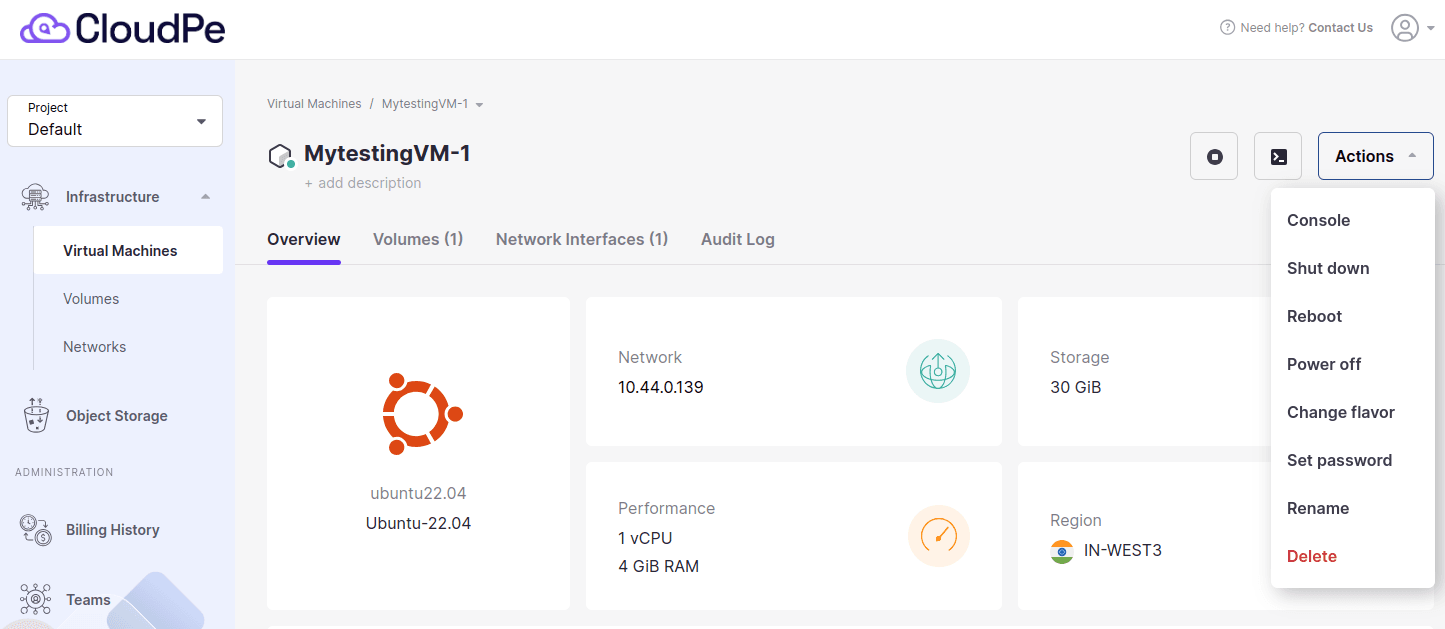 Managing Virtual Machine | CloudPe Knowledge Base