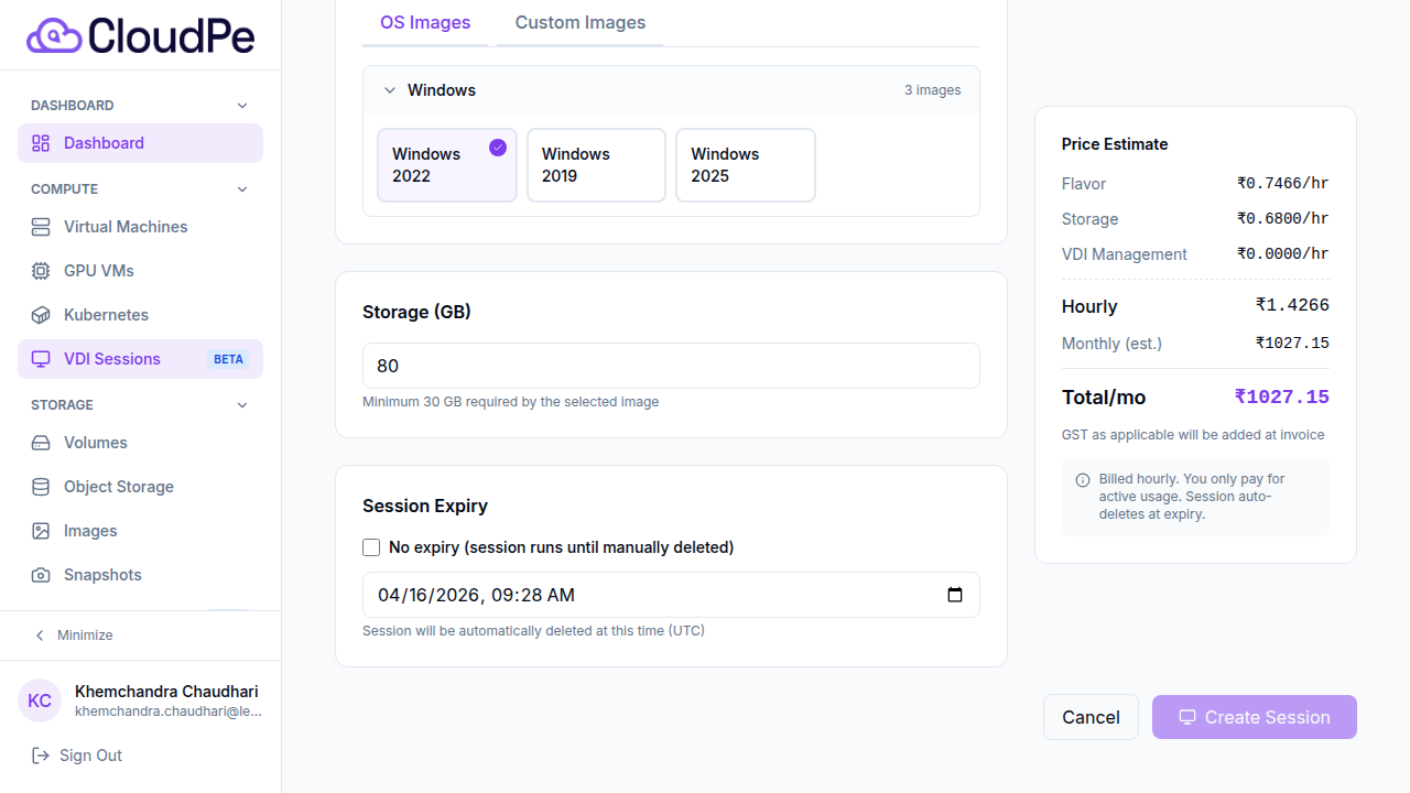 Image selection — Windows OS versions and Storage configuration